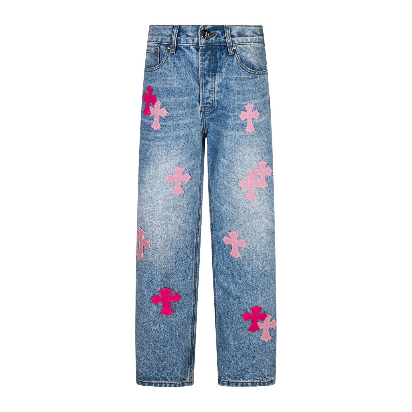 P260 High version (evergreen version) Chrome Hearts 25FW CH blue trousers pink leather cross bamboo jeans adopt patchwork elements, mostly presented in the shape of a cross, with glitter on the leather surface. Unique design, simple and elegant details, exquisite workmanship, neat lines of the entire trousers, and in place details! It’s also so cool that both men and women can easily control it. It’s a gender-neutral trendy up version. Style number: 1728# Color: blue pants and pink leather Size: 28 30 32 34 36
